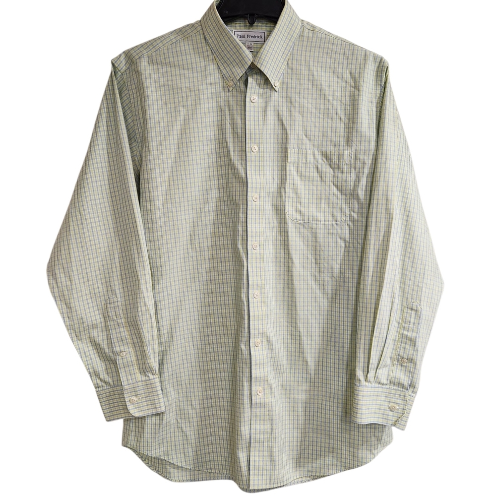 Paul Frederick Men’s XL Dress Shirt 17-35 Trim Fit Green Blue Check  Two Ply